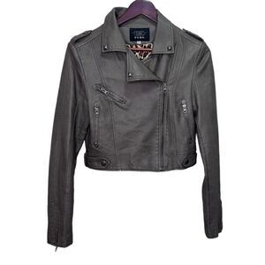 𝅺TCEC Grey Faux Leather Cropped Moto Jacket Size Large